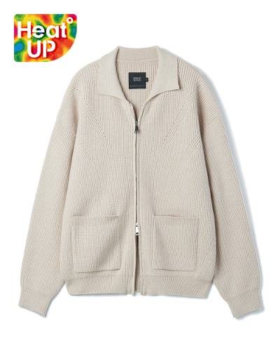 2WAY HEAVY WEIGHT WAVE COLLAR KNIT ZIP-UP_OATMEAL