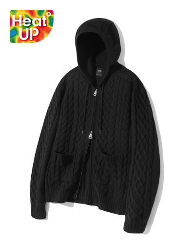 2WAY HEAVY WEIGHT CABLE KNIT HOODY ZIP-UP_BLACK
