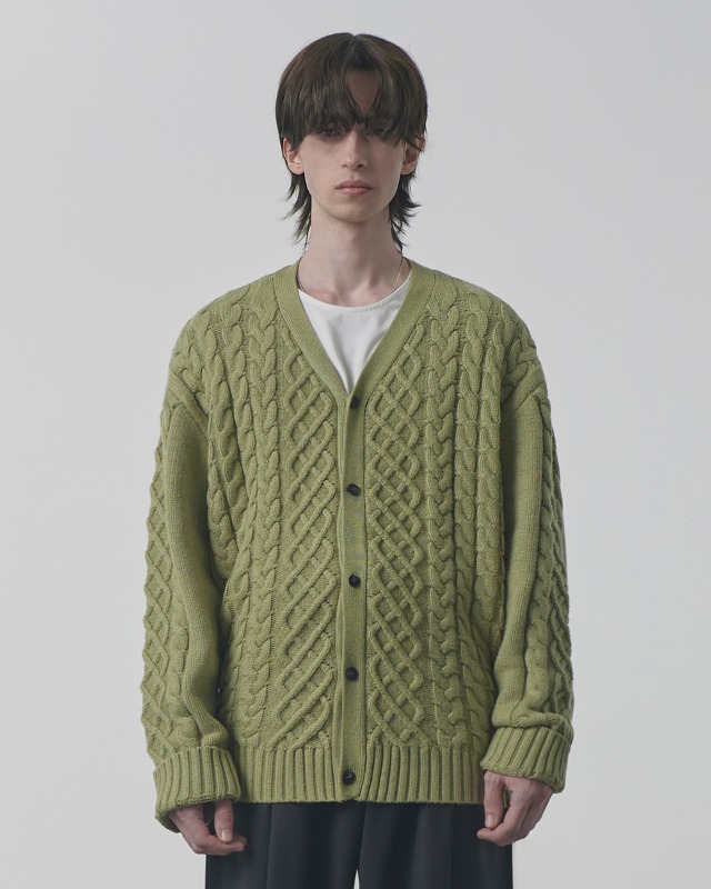 HEAVY WEIGHT CABLE KNIT CARDIGAN_OLIVE
