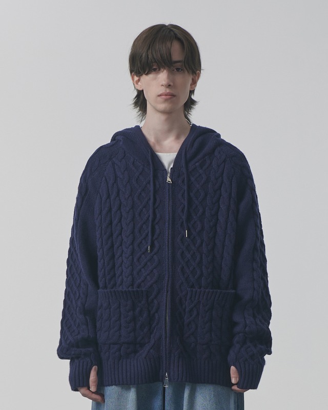 2WAY HEAVY WEIGHT CABLE KNIT HOODY ZIP-UP_NAVY