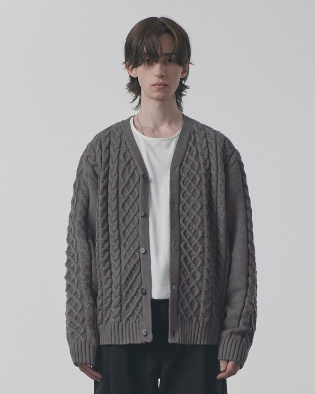 HEAVY WEIGHT CABLE KNIT CARDIGAN_ASH GRAY